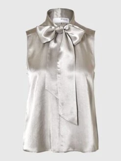 Alternative view of Selected Femme Selene Satin Bow Neck Top - Dove
