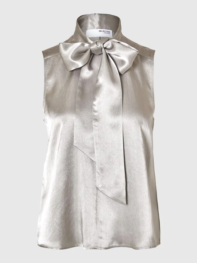 Selected Femme Selene Satin Bow Neck Top - Dove 4 Selected Femme Selene Satin Bow Neck Top - Dove - Image 2