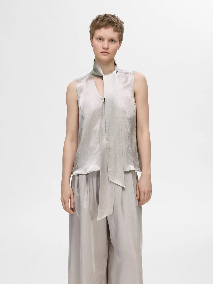 Selected Femme Selene Satin Bow Neck Top - Dove 3 Selected Femme Selene Satin Bow Neck Top - Dove