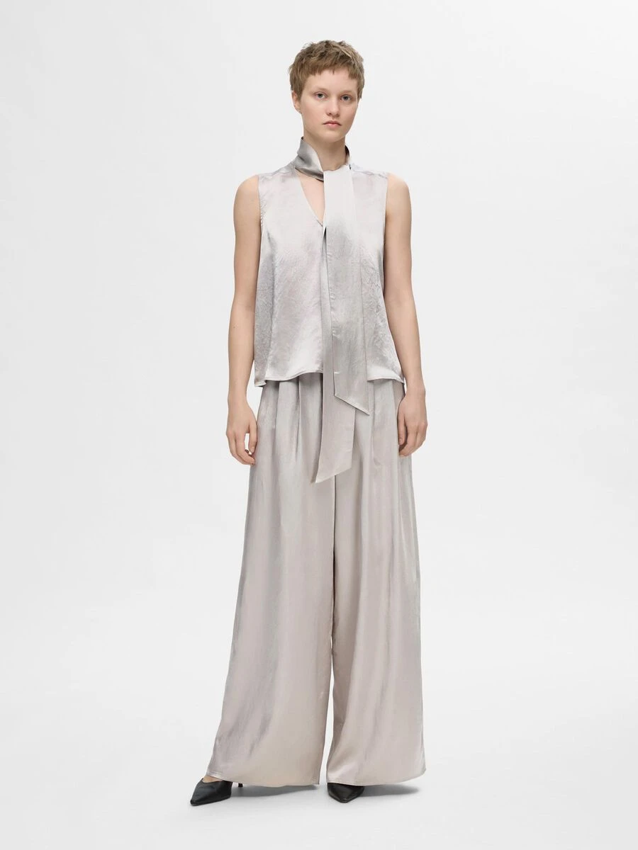 Selected Femme Selene Satin Bow Neck Top - Dove 6 Selected Femme Selene Satin Bow Neck Top - Dove - Image 4