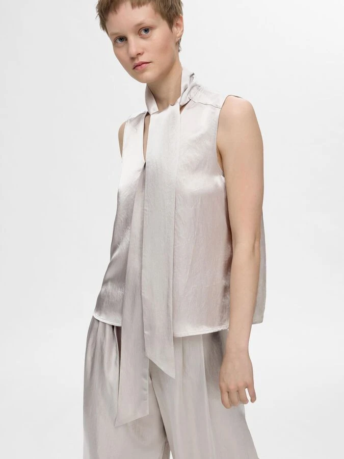 Selected Femme Selene Satin Bow Neck Top - Dove 8 Selected Femme Selene Satin Bow Neck Top - Dove - Image 6