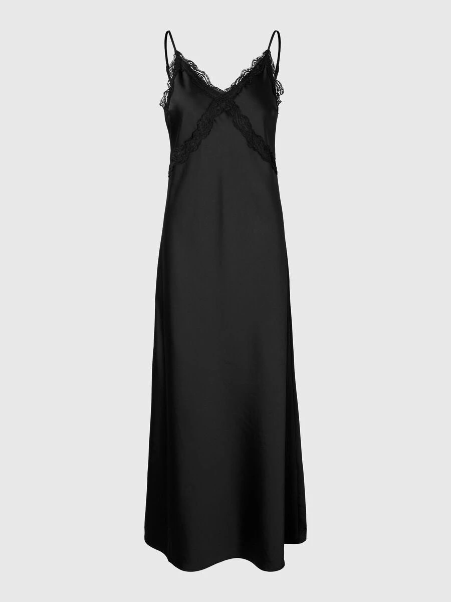 Selected Femme Alena Satin Lace Slip Dress - Black 8 Selected Femme Alena Satin Lace Slip Dress - Black - Image 6
