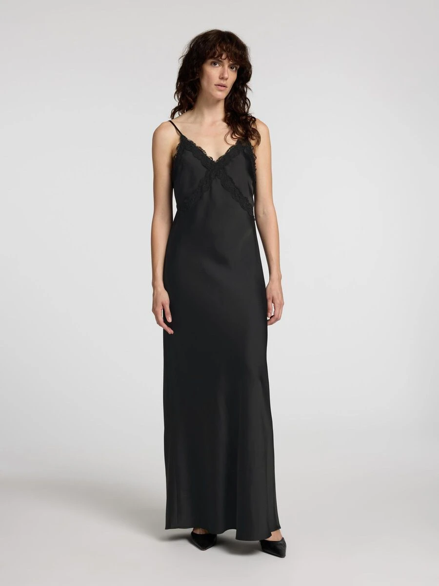 Selected Femme Alena Satin Lace Slip Dress - Black 5 Selected Femme Alena Satin Lace Slip Dress - Black - Image 3