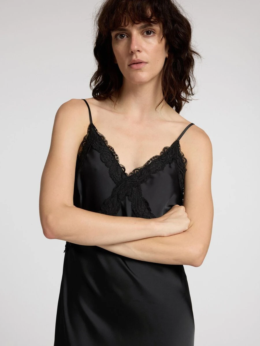Selected Femme Alena Satin Lace Slip Dress - Black 6 Selected Femme Alena Satin Lace Slip Dress - Black - Image 4