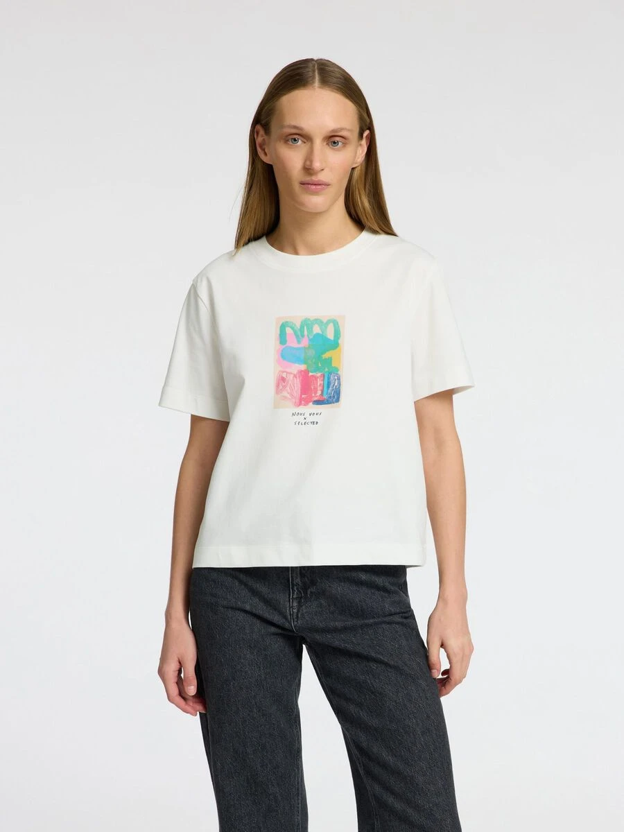 Selected Femme Essential Boxy Printed T-Shirt - Snow White 4 Selected Femme Essential Boxy Printed T-Shirt - Snow White - Image 2