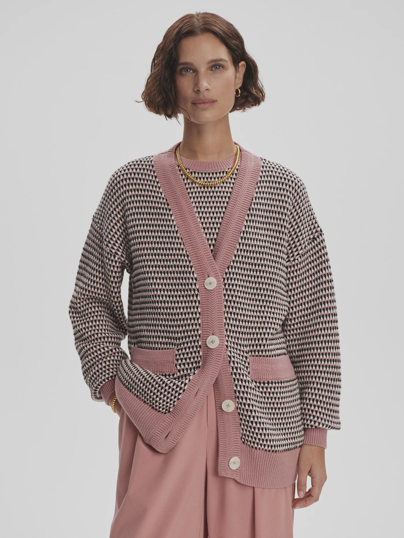 Varley Tiffany Textured Knit Cardigan - Woodrose Multi Stitch 3 Varley Tiffany Textured Knit Cardigan - Woodrose Multi Stitch
