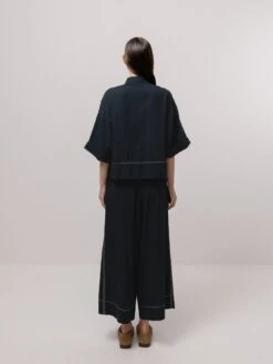 Emin + Paul Contrast Stitch Blouse - Navy -Lulu&M BL2904 NAVY PT3401 NAVY BACK