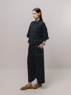 Emin + Paul Contrast Stitch Blouse - Navy -Lulu&M BL2904 NAVY PT3501 NAVY SIDE