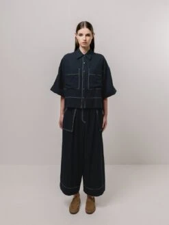 Emin + Paul Contrast Stitch Blouse - Navy -Lulu&M Bl2904 NAVY PT3401 NAVY FRONT