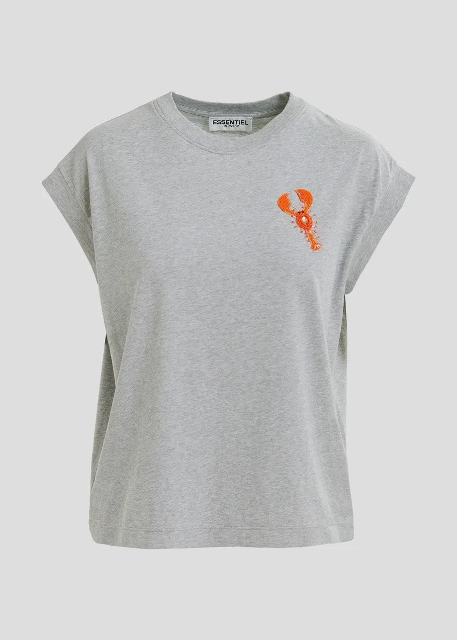 Essentiel Antwerp Hobster T-Shirt - Grey/Orange Embroidery 3 Essentiel Antwerp Hobster T-Shirt - Grey/Orange Embroidery