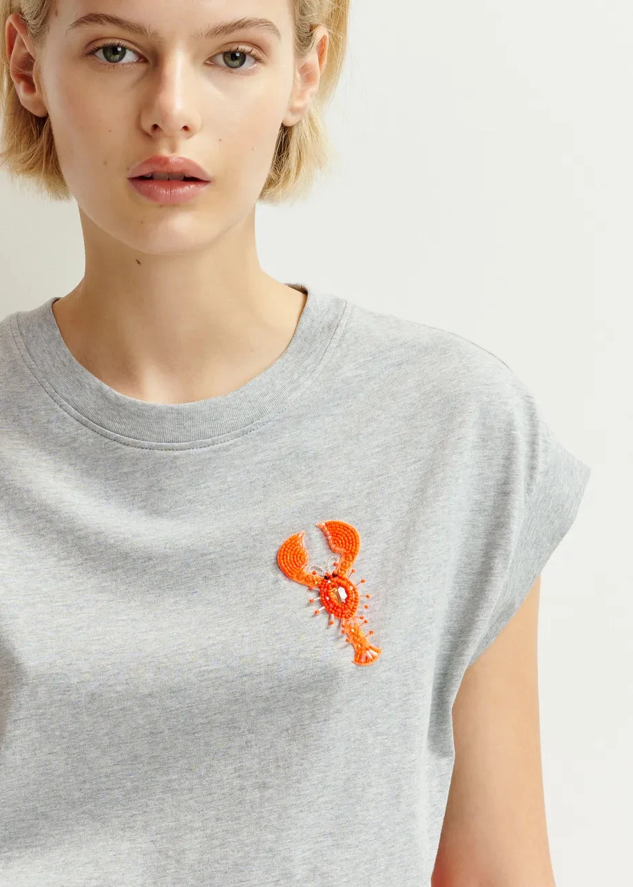 Essentiel Antwerp Hobster T-Shirt - Grey/Orange Embroidery 4 Essentiel Antwerp Hobster T-Shirt - Grey/Orange Embroidery - Image 2