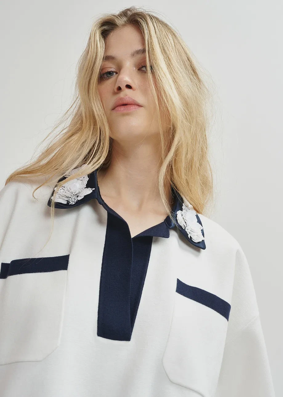 Essentiel Antwerp Hoiseau Polo Top - Black/White With Sequin Embellishments 5 Essentiel Antwerp Hoiseau Polo Top - Black/White With Sequin Embellishments - Image 3