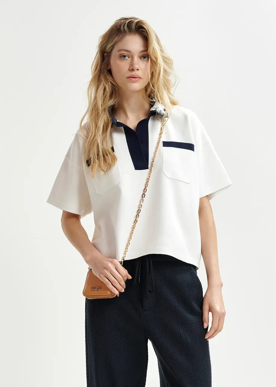 Essentiel Antwerp Hoiseau Polo Top - Black/White With Sequin Embellishments 3 Essentiel Antwerp Hoiseau Polo Top - Black/White With Sequin Embellishments