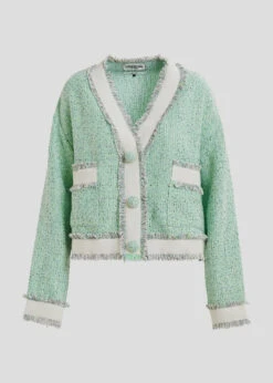 Alternative view of Essentiel Antwerp Hoola Cropped Tweed Cardigan - Grey/Mint Green/White