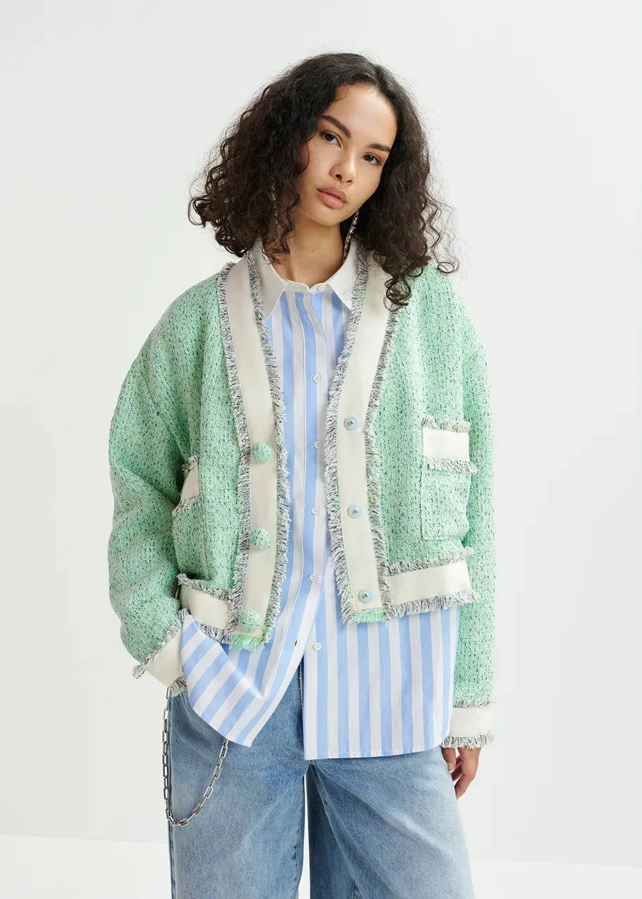 Essentiel Antwerp Hoola Cropped Tweed Cardigan - Grey/Mint Green/White 3 Essentiel Antwerp Hoola Cropped Tweed Cardigan - Grey/Mint Green/White