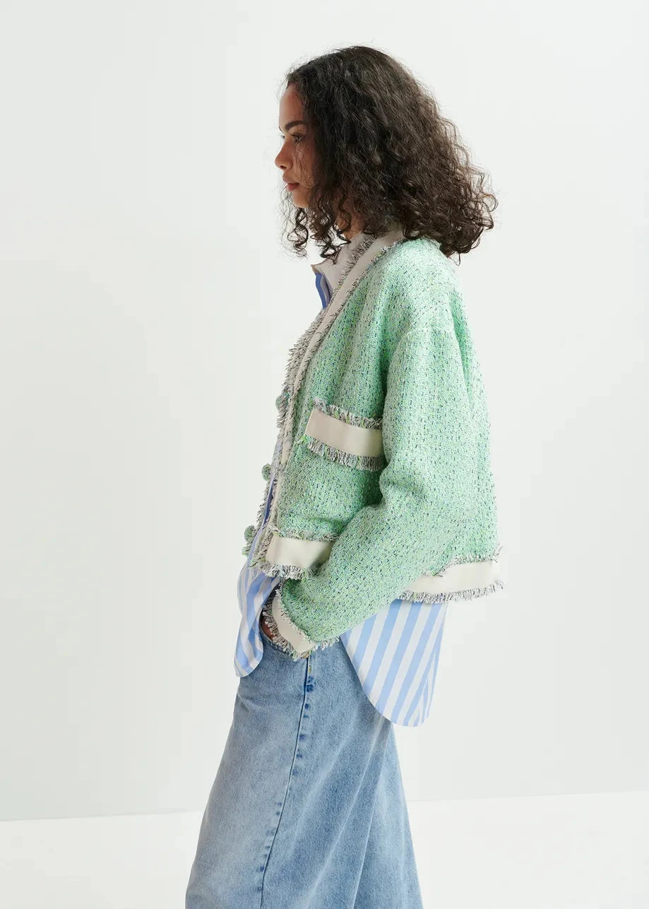 Essentiel Antwerp Hoola Cropped Tweed Cardigan - Grey/Mint Green/White 7 Essentiel Antwerp Hoola Cropped Tweed Cardigan - Grey/Mint Green/White - Image 5