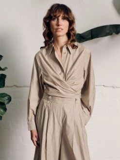 Vivere Miriam Tie Front Shirt - Beige Stripe 11 Vivere Miriam Tie Front Shirt - Beige Stripe -Lulu&M MIRIAM D jpg