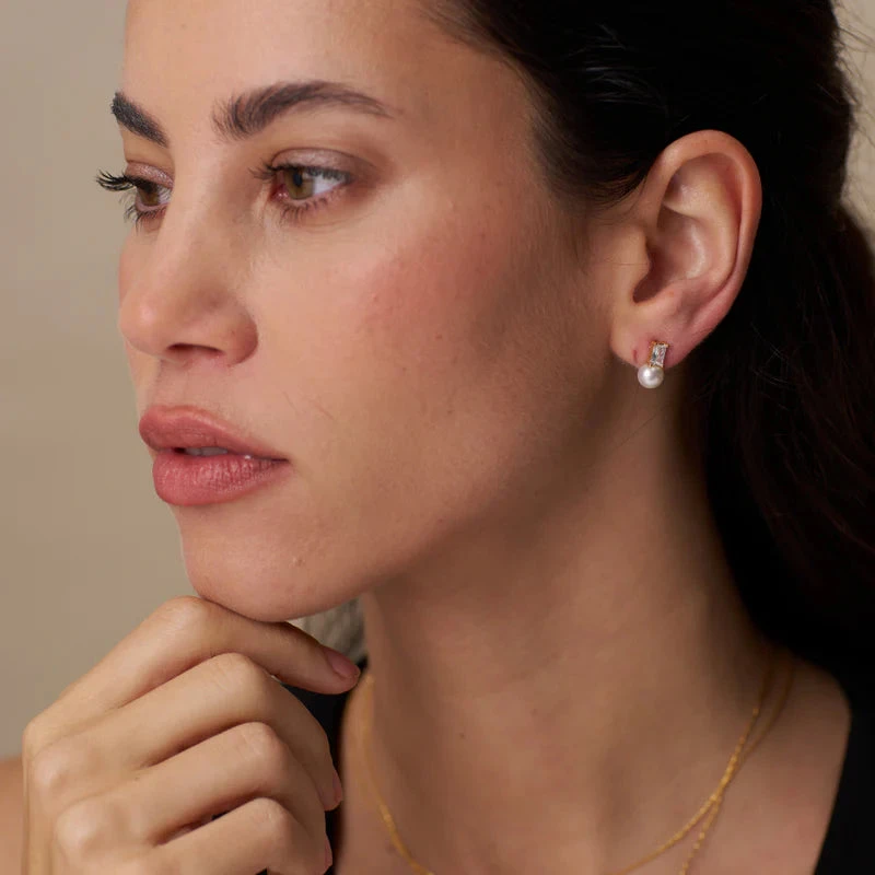 Orelia Crystal Baguette & Pearl Stud Earring 4 Orelia Crystal Baguette & Pearl Stud Earring - Image 2