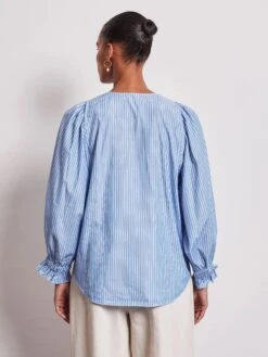 Alternative view of Vivere V-Neck Gathered Cuff Shirt - Blue Stripe