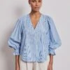 Vivere V-Neck Gathered Cuff Shirt - Blue Stripe 2 Vivere V-Neck Gathered Cuff Shirt - Blue Stripe -Lulu&M REMI BLUE F jpg