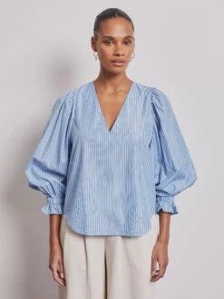 Vivere V-Neck Gathered Cuff Shirt - Blue Stripe