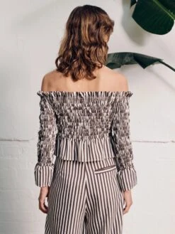 Alternative view of Vivere Willow Off Shoulder Shirred Top - Brown/Cream Stripe