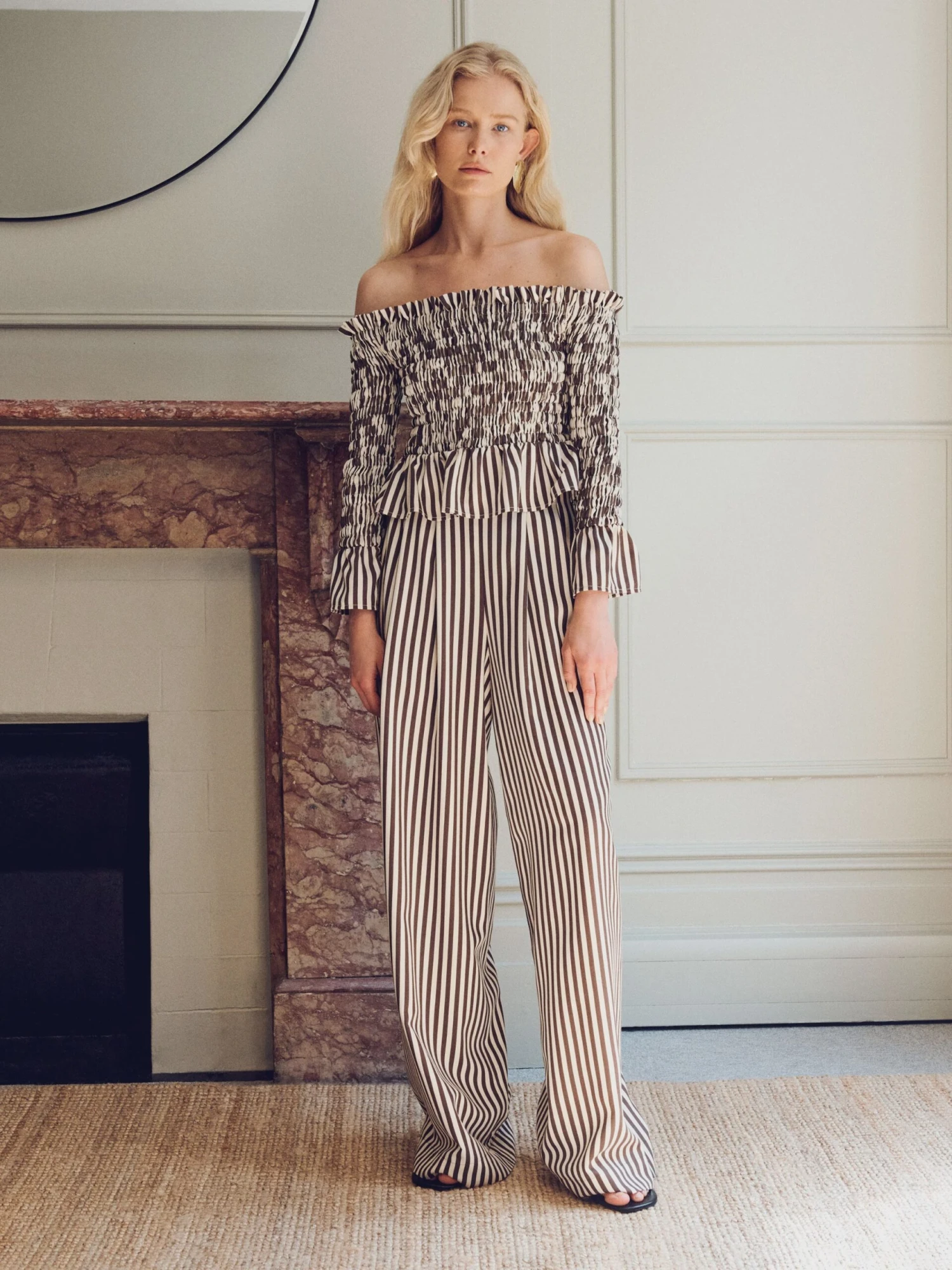 Vivere Willow Off Shoulder Shirred Top - Brown/Cream Stripe 3 Vivere Willow Off Shoulder Shirred Top - Brown/Cream Stripe