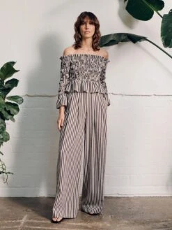 Vivere Willow Off Shoulder Shirred Top - Brown/Cream Stripe 10 Vivere Willow Off Shoulder Shirred Top - Brown/Cream Stripe -Lulu&M WILLOW FL jpg